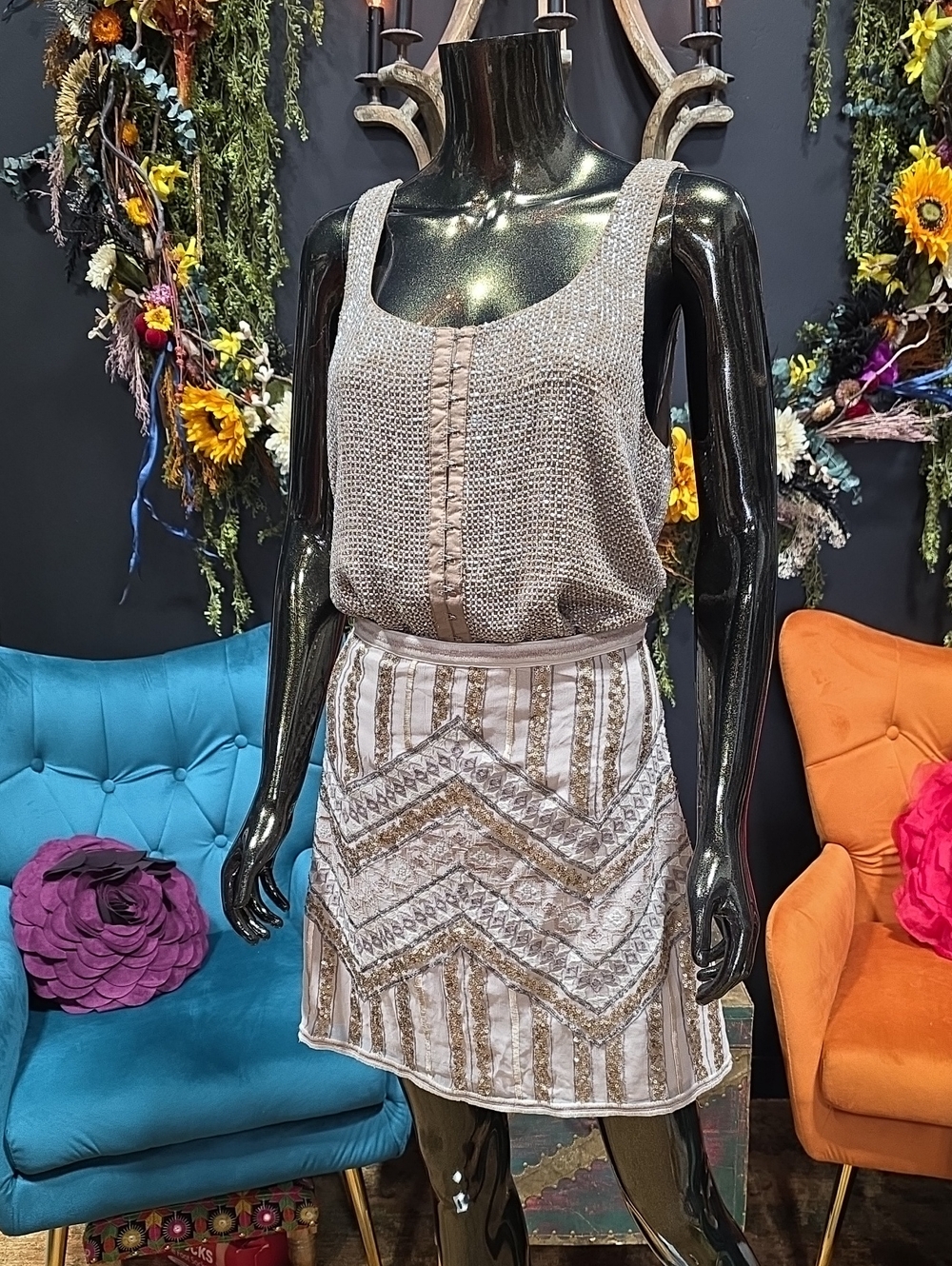Anthropologie Embroidered & Sequined Mini Skirt